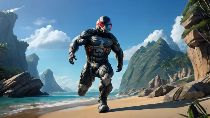 ray tracing, 8K, Masterpiece, highres, future fiction. red visor, Detailed head, Detailed Body,full body, Detailed abs, wearing crNanosuit, Running along the beach. background sea, archipelago, mountains,  