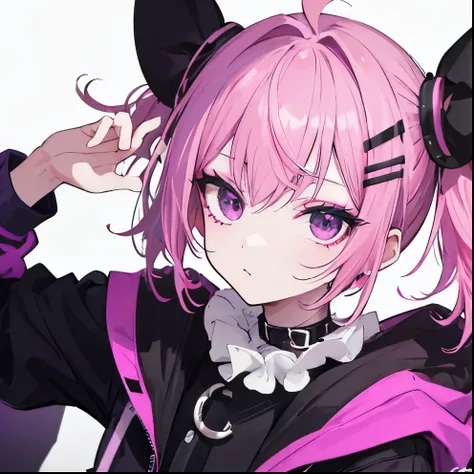 (Anime cartoon style), one person, short black and pink hair, split hair dye, clown inspired makeup, purple hair clips, mostly black outfit, with colorful accessories, and dark purple eye color