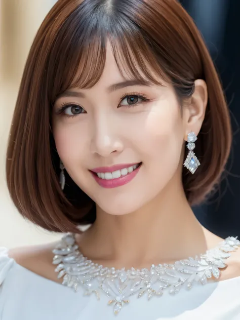 (Solo:1.3),8K, Best quality, Masterpiece, Realistic, Super detail, f/1.2, 85mm, Nikon, Smiling woman with shiny hair, Natural makeup, 50 years old woman, white off-shoulder tops，Ruffled sleeves, Diamond pendant necklace, Emphasize chest, waist shot,