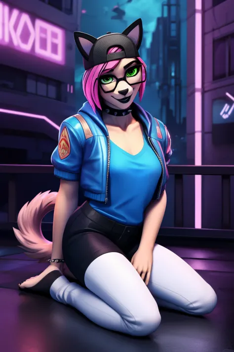 💜✨1 girl,black lips,choker,spiked choker, Night, (masterpiece)sitting on the floor ,beautiful detailed face ,evening (Cyberpunk Night)(Best Quality) gaming ,(Alone), looking at the viewer, high detailed,extremely detailed, fine green eyes,feline pose,misch...