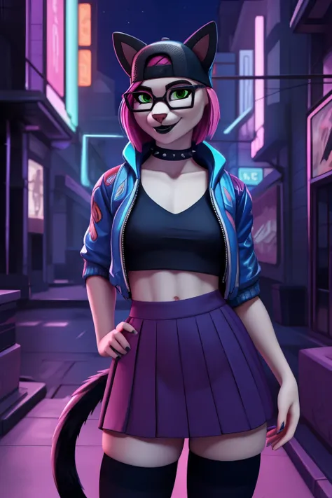 💜✨1 girl,black lips,choker,spiked choker, Night, (masterpiece) standing ,beautiful detailed face ,evening (Cyberpunk Night)(Best Quality) gaming ,(Alone), looking at the viewer, high detailed,extremely detailed, fine green eyes,feline pose,mischievous smil...