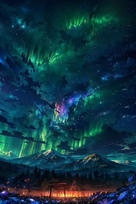 Illustrations that focus on characters、Vast landscape photography , (A view from below, with the sky above and the wide fields below), A girl standing in a flower field looking up, (full moon:1.2), ( shooting star:0.9), (nebula:1.3), Distant Mountain, Tree...