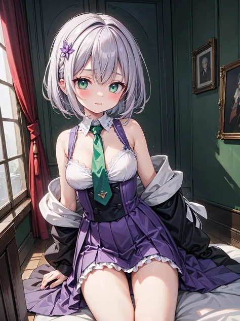 Highly detailed, high quality, masterpiece, beautiful, (all photo shooting), a girl, Linze Silhoueska character, perfect eyes, green eyes, light eyes, blushing face, happy face, big thighs, medium breast, short hair, lilac gray hair, purple headband, green...