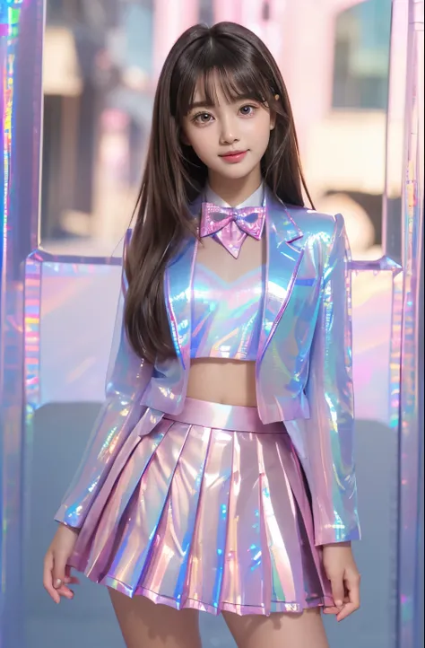 Very beautiful cute girl) (very cute face:1.2),(baby face),(sparking clear attractive large eyes:1.2), Beautiful detailed eyes, Detailed double eyelids, smiling, (realistic photograph:1.1), in the street,
(Super Shiny Metallic pink transparent holographic Blazer and Pleated Skirt :1.3),School uniform, Blue Ribbon bow Tie,
(brown hair:1.2),professional portrait ,costume with very smooth and strong reflective surfaces 