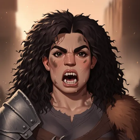 (((beautiful, high quality, detailed face))), score_9, score_8_up, score_7_up, BREAK, giant, a female barbarian:1.3, high stature, big nose:1.2, dark hair, curly hair, messy voluminous hair, (((massive muscular))), ((wide shoulder)), chubby, tanned skin, (...