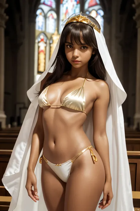 best quality, masterpiece, young latin girl, tanned skin, (silhouette lighting:1.1), (upper body:1.3), medium hair with bangs, small breast, hourglass figure, oily skin, (white silk bikini with gold accents:1.2), white cape, tiara, face veil, hands down, a...