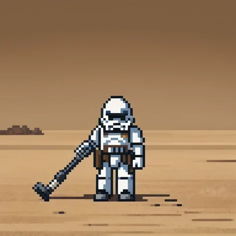 Miniature photograph of a Stormtrooper with Star Wars weapon walking through the desert leaving footprints in the sand cinematic dramatic lighting, blurred desert background.