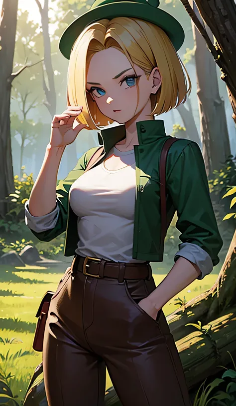 android 18 from dragonball in forest treasure explorer brown clothing and hat, forest ruins