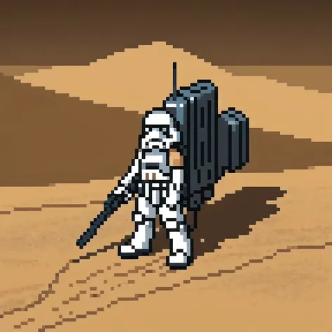 Miniature photograph of a Stormtrooper with Star Wars weapon walking through the desert leaving footprints in the sand cinematic dramatic lighting, blurred desert background.