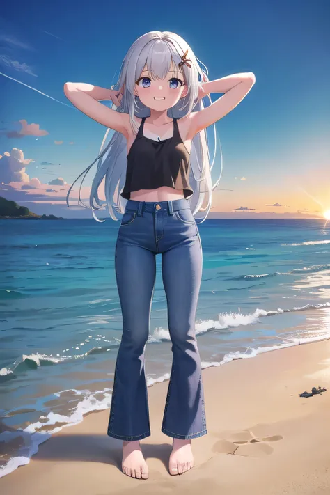 masterpiece,best quality,ultra detail,1girl, 14yo,petite,Laugh happily,background((under the beach, sunrise time, under sand beach, bright sky)), beautiful silver long hair, hair ornament, x hair ornament,Raise your arms and bring them behind your head,Whi...