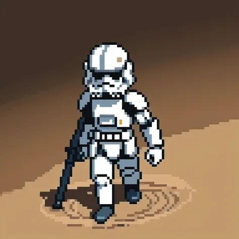 Miniature photograph of a Stormtrooper with Star Wars weapon walking through the desert leaving footprints in the sand cinematic dramatic lighting, blurred desert background.