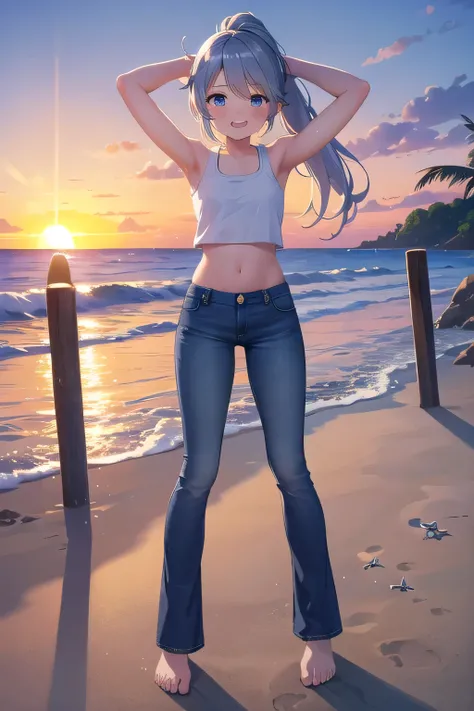 masterpiece,best quality,ultra detail,1girl, 14yo,petite,Laugh happily,background((under the beach, sunrise time, under sand beach, bright sky)), cloud, beautiful silver ponytail hair, hair ornament, x hair ornament,Raise your arms and bring them behind yo...