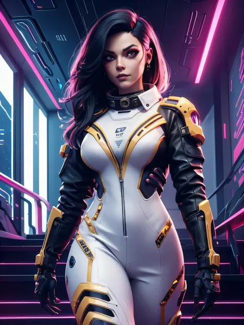 cyber skeleton face makeup!, white shirt with gold collar!, sci fi mexican cyberpunk red trimmed hair woman, a woman with a cyber skeleton face makeup, white shirt with gold collar, cyber skeleton face makeup, black hair with bandana, cybernetic face, Xtre...