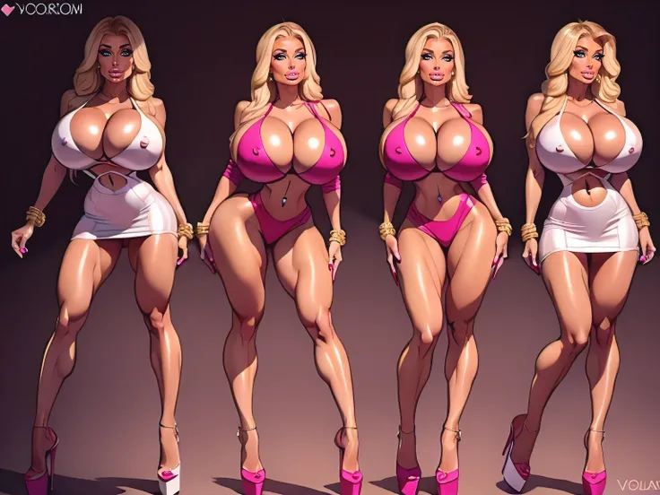 ((character design sheet)) ,bimbo, paris hilton , huge voluptuous ass, ((huge massive giant size tit x2)), long hair, . at new york, , makeup, jewelry, extra high heels pumps, bracelet, long multiple necklaces, deep v neck cleavage, , modern design, fashio...