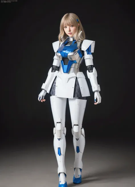 Beautiful a woman in a white and blue suit standing next to a black background, gundam style, girl in mecha cyber armor, ferra white mecha, female mecha, gundam armor, mobile suit, mecha suit, anime mech armor, mecha human, full-cosplay, robotech styling, ...