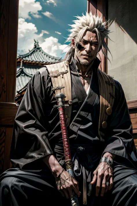 A detailed illustration of Zaraki Kenpachi from the anime Bleach, displaying a confident smile while holding his katana casually on his shoulder. His face bears a scar and a unique eyepatch, enhancing his intimidating appearance. His lieutenant, Yachiru Ku...