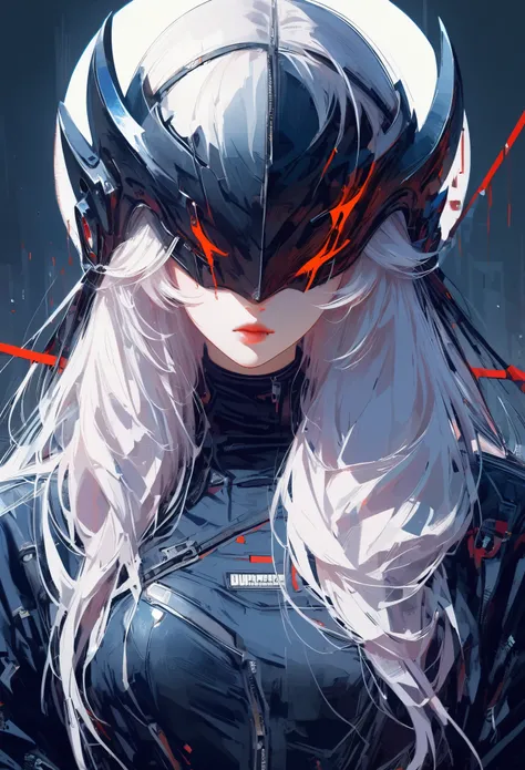  masterpiece ，  is the best quality， 8K，   digital painting ，  1 girl at home，  alone ， Stand up， youth， White hair， 长White hair， Headdress， Red Eyes， Round pupil， Expressionless face， Bloodstained， Mechanical parts， electric wire， cable， Failure Effect， S...