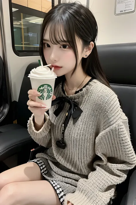 a candid ,   Closeup photo of a young woman sitting in a modern train seat  .  The linear ,  肩まinの長さの茶色の髪と前髪があり、 holding a Starbucks drink in her hand . }  the drink has a green straw and 、 x} Its in a clear cup with the Starbucks logo on it 。.  女性は落ち着いた表情...