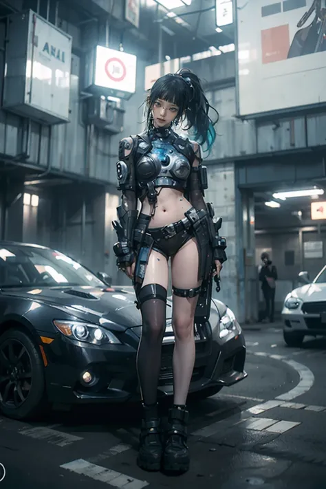 ((Best Quality)), ((masterpiece)), (  Details:1.4), (((   cybersuit with machine parts and clear skin  ++Rainbow colored aurora material ++、++Grey carbon material++Cyberpunk Beauties  ))), ((Wide open chest)),   hip and thigh skin  , Ticker (  high dynamic...