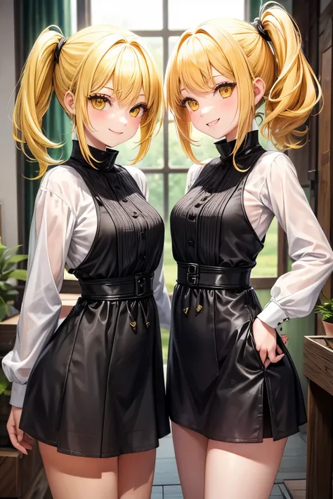 twins fashion, 2girl, yellow hair, side ponytail, swept bangs, Slender, medium breasts, big eyes, yellow eyes, tunic, happy smile, rustic town square