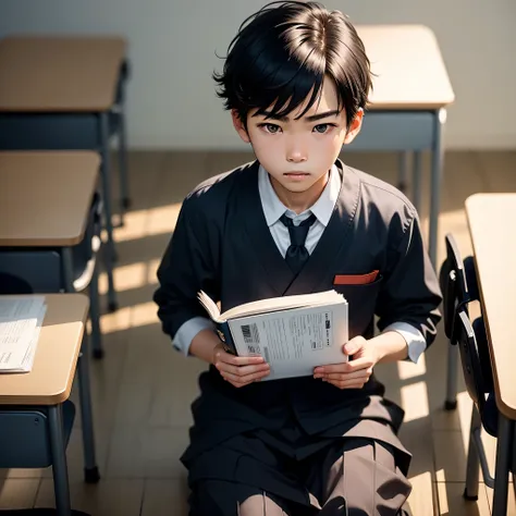 solo, solo focus,(15years old),1 japanese boy,short black hair,serious expression,sitting at the desk,holding a textbook,classro...