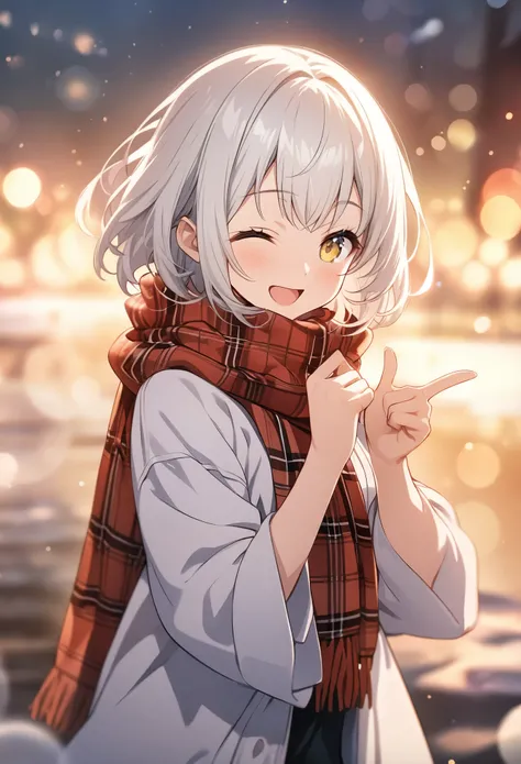 Masterpiece, highest quality, high resolution CG Unity 8K wallpaper, anime illustration of a girl. Wearing oversized clothes, wearing a red plaid scarf, making a finger gun gesture towards the audience, eyes closed Closed, The background is a pale pastel l...