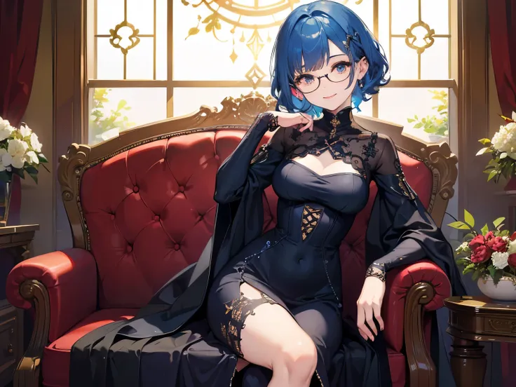 (( Best Quality)), ((masterpiece)), (  Details), wallpaper、Very  Details 、(((Very  Details な目と顔)))、masterpiece、Best Quality、 To  Details、 Movement angle 、  bright color、smile、whole body、Look left、  short hair 、Blue Hair Color、  Curly Hair 、40 years old、Del...