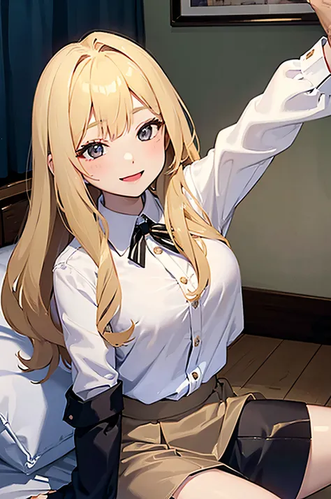 A loli with blonde hair, smiling seductively, in a bedroom, wearing a blouse with a jacket, and a skirt with some leather bondage hidden and barley visible.