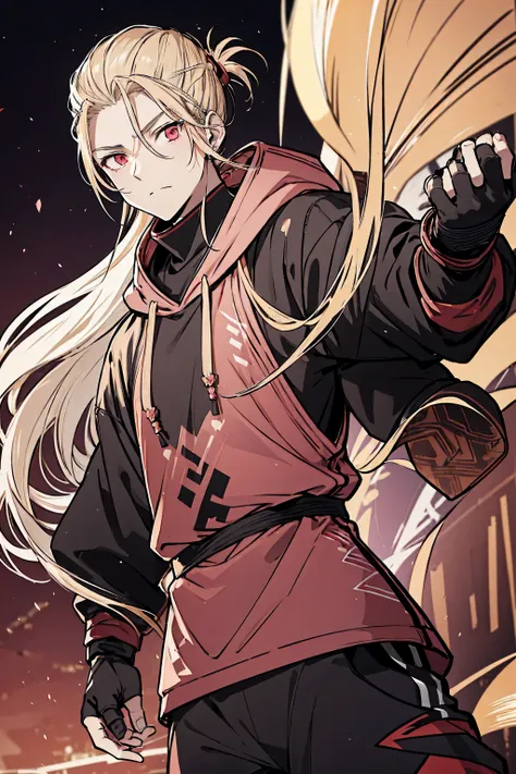 Tall, Tannish, Male, Handsome, blonde hair put in manbun, red eyes, lean and muscular, wearing light ninja training outfit thats black, some golden armor on top, staff on back, slight pink aura around him, one person alone in the night, hoodie underneath.