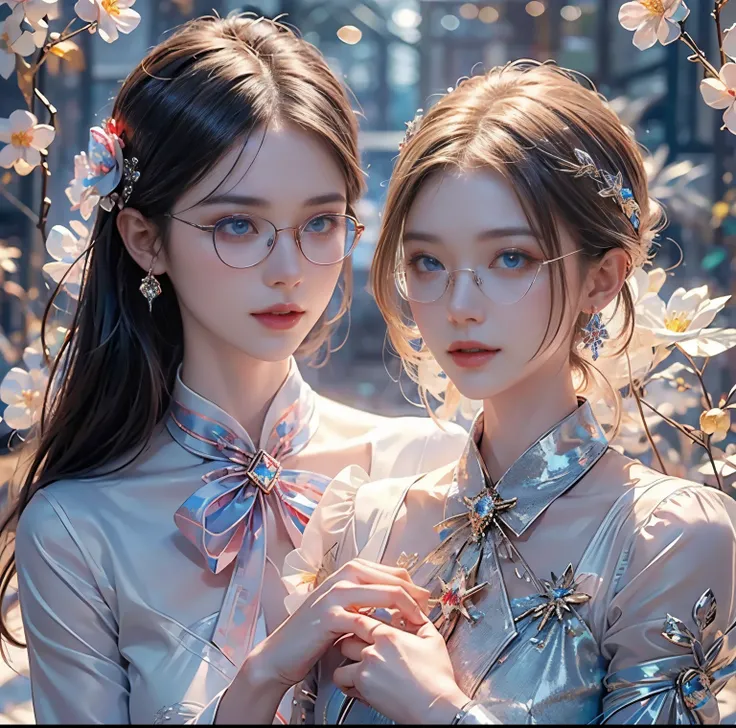 8K quality, Masterpiece, (Dazzling and fantastic lighting),  super real , High chroma, (Beautiful man with glasses), (Glasses 1.2), Whitening skin, brunette with bangs , (Big, bright blue eyes), (Crimson ribbon tie:1.2), Above chest, Three Piece, Flower Ga...