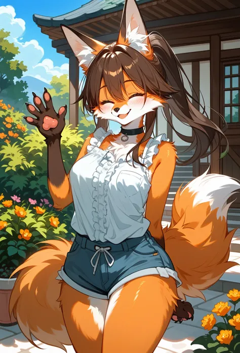 (score_9,score_8_up,score_7_up), (furry), (fox girl), mature female, (orange fur), (body fur), brunette hair, long hair, ponytail, fox paws, pawpads, claws, closed eyes, smile, blush, medium breasts, wide hips, frilled shirt, sleeveless, shorts, choker, lo...