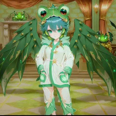  anime character dressed in a frog costume standing in a room,  pteranadon style ,  with a cute toad ,  Elegant dream demon ,  clothing themed around a peacock wizard , moon themed outfit, ((wearing an aristocratic robe )), JRPG fashion , Highly detailed f...