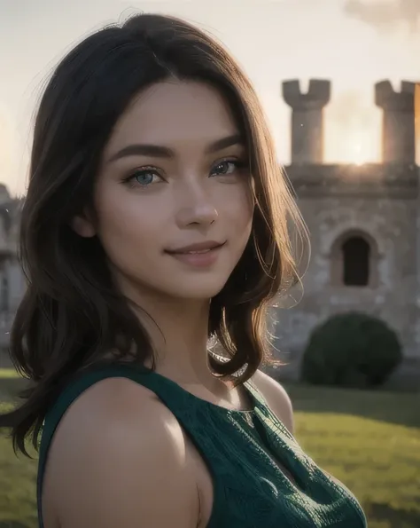 beautiful,  beautiful and sexy European brunette with bright green eyes,  very large breasts, 25 years,  seductive look in the eye , girl wears a short summer dress , Castle ruins,  full body shot , walking, sarcastic smile, sneakers, bare legs, purple dre...