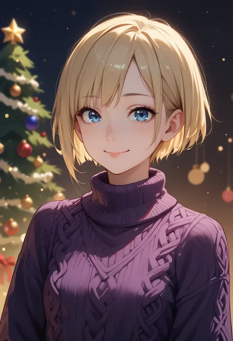 １A woman in her 30s、 close-up、 very short cut hair 、 blue eyes、Blonde、closed-mouth smile、( small breasts)、 far into the cheek、 Slim Body 、 loose purple knit sweater、 Christmas、night