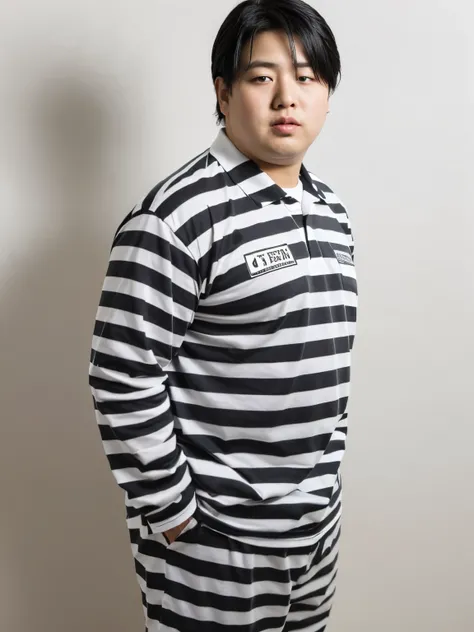 (highest quality:1.2, masterpiece:1.2), 8K, Professional Lighting, Cinematic Lighting, (1 Japanese boy), (((fat boy))), (big boy, tall boy, 16aged boy, he is high school student), (black hair, short hair, center parted hair:1.2), ((ultra realistic prisoner...