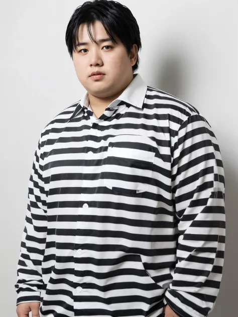 (highest quality:1.2, masterpiece:1.2), 8K, Professional Lighting, Cinematic Lighting, (1 Japanese boy), (((fat boy))), (big boy, tall boy, 16aged boy, he is high school student), (black hair, short hair, center parted hair:1.2), ((ultra realistic prisoner...