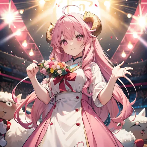 An anime-style illustration of ‘Fua-chan’ proudly holding a trophy with a bright smile. Fua-chan has long pink hair styled in soft curls resembling sheep’s horns, and pink eyes that sparkle with joy and accomplishment. She is depicted holding a shiny troph...