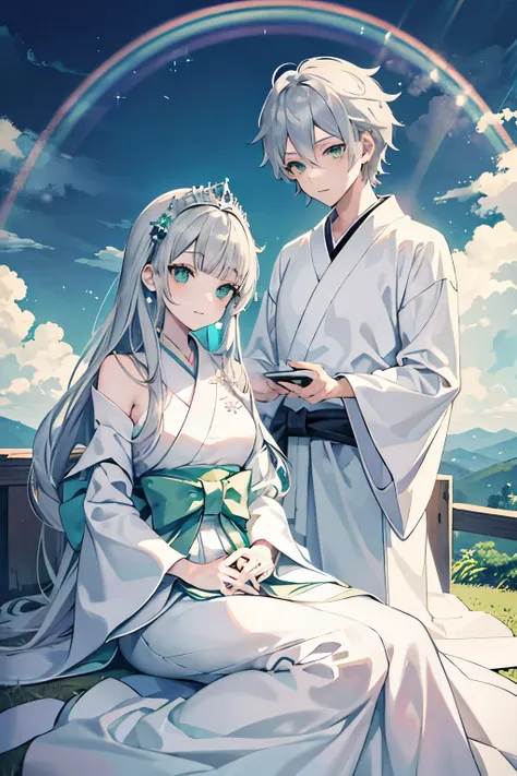 Prince　 perfect face　Sparkling Eyes　Princess　Gray Hair　 dress　 couple 　Chalk Castle　Manga style　 Japanese anime style 　Green Eyes　White clothes　Watching the rainbow from the hill after the rain 