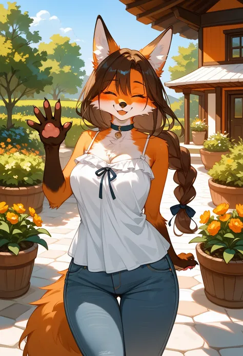 (score_9,score_8_up,score_7_up), (furry), (fox girl), (mature female), (orange fur), (body fur), brunette hair, long hair, single braid, fox paws, pawpads, claws, closed eyes, smile, blush, medium breasts, wide hips, chocker, white frilled shirt, sleeveles...
