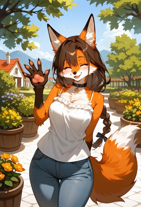 (score_9,score_8_up,score_7_up), (furry), (fox girl), (mature female), (orange fur), (body fur), brunette hair, long hair, single braid, fox paws, pawpads, claws, closed eyes, smile, blush, medium breasts, wide hips, chocker, white frilled shirt, sleeveles...