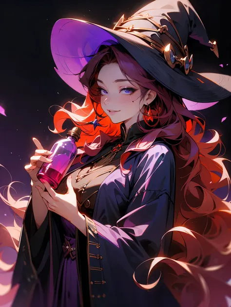 beautiful witch，1 female,  with red long hair ，There is a mole on his face ， Magic Rim,  Purple Eyes, big bust,  wearing witchs clothes，hat，Potion ，bottle, Evil smile, realistic, Full HD,  Best Quality， Wavy Curls ， Romantic Curls 