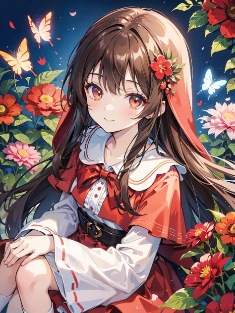 kawaii, anime, Cute, hyper quality, highly detailed, 8k, Clarity, Draw facial expressions in detail, brown eyes, brown hair, The whole thing is colorful, Little Red Riding Hoods outfit, long hair, Im in a flower garden, highlight on eyes, flowers fall, Its...