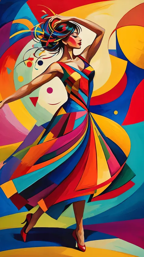 painting of a woman in a colorful dress dancing, full of colors, colorful painting, colorful art, colourful artwork, colorfull painting, colorful oil painting, wpap, dancing gracefully, colorfully, orphism style, artistic painting, vibrant oil painting, co...