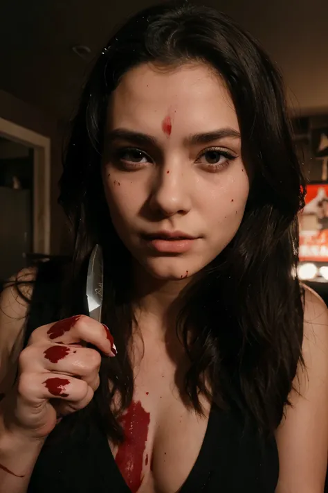 girl cuts a mans penis off with a knife and blood splatters on her face and hand 