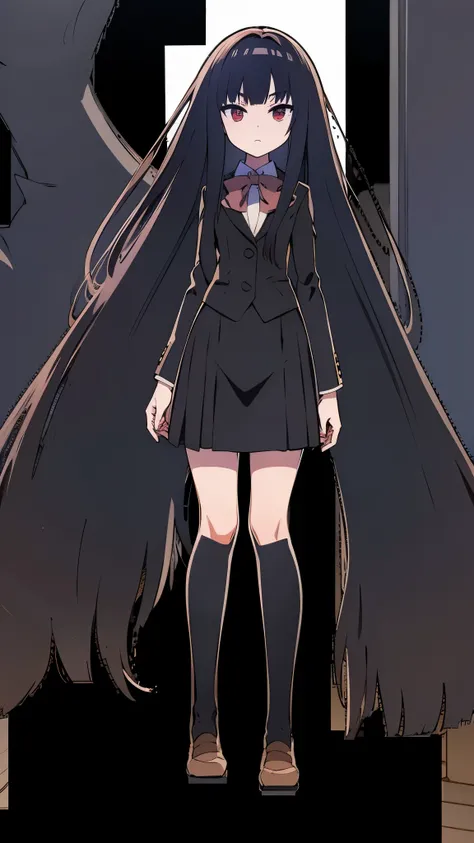 ultra high res, Best quality, ultra detailed, ideal ratio body proportions, small head1:2, clear detailed face, high nose(1:2), large mouth, red eyes, a strong female character with broad shoulders, straight long hair, thin legs, anime style, intricate det...