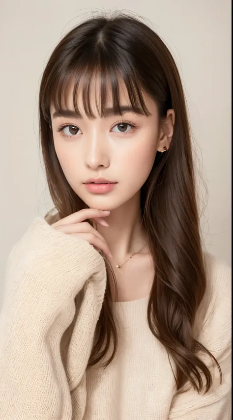 ((最 high quality, 8k, masterpiece :1.3)), （（Super big breasts））,（ slender、 slender）, whole body、 light brown hair, Blunt bangs,  hair behind ears ,  shoulder hair , Long Hair, Ultra Fine Face, Thin face, Delicate lips,  beautiful eyes, Light blush,  Eyes A...