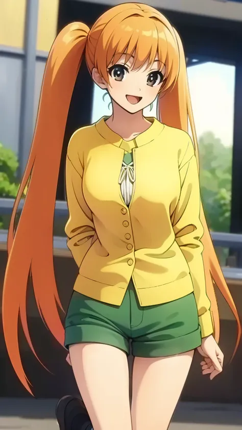 anime style, orange hair1:4, break high bridge1:8, BREAK super straight hair, BREAK black knee-high socks1:4 BREAK smile, BREAK long side twin tails1:6,BREAK yellow string bow1:2 break dark green shorts1:3, loafers1:2, standing, (best quality,4k,8k,highres...