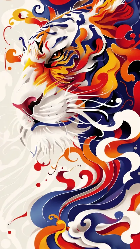 a close up of a tiger with a colorful design on its face, tiger of fire flying, fire lion, amazing wallpaper, gorgeous digital art, fiery coloring, highly detailed vector art, wallpaper mobile, highly intricate and colorful, wallpaper art, beautiful digita...