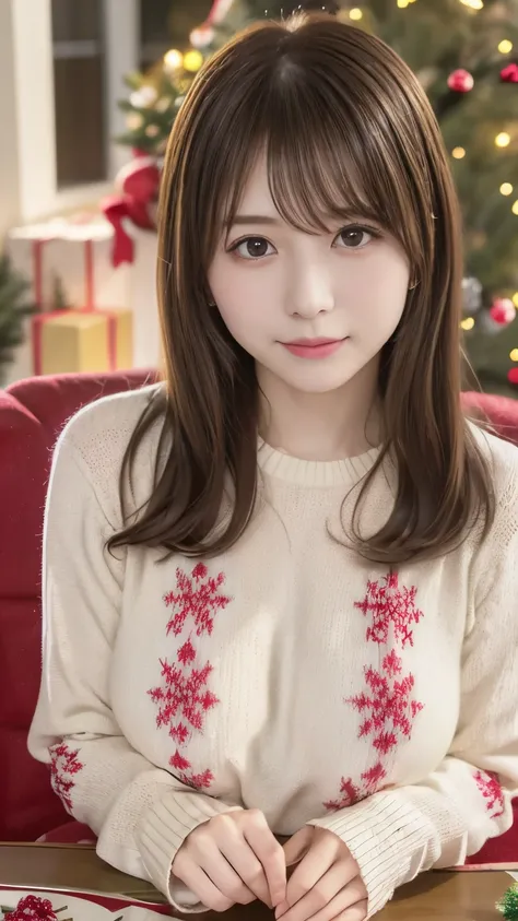 8k high definition quality、Christmas decorated room、Christmas Sweaters, Cute Sweater、Denim jeans、Christmas cake displayed on the table 、 glamorous and cute high school girl with big breasts、