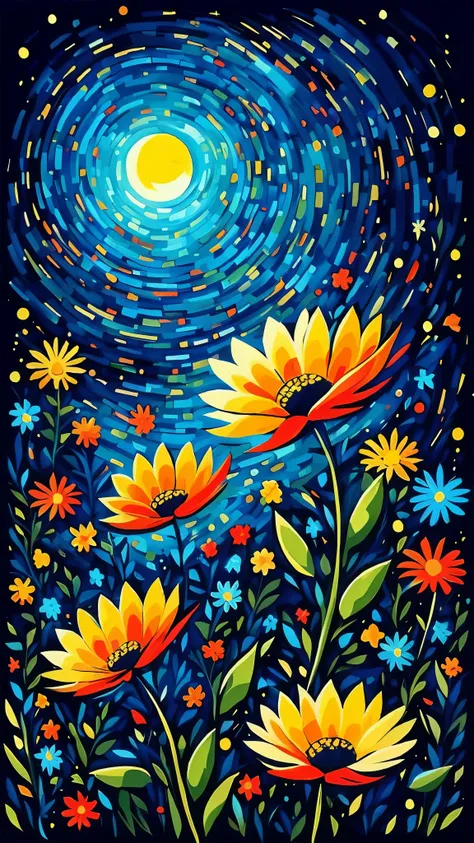 a painting of flowers in a field with a full moon in the background, night sky full of flowers, magical colorful flowers, moonlight shining on wildflowers, glowing flowers, field of flowers at night, magical flowers, swirling flowers, floral sunset, detail...